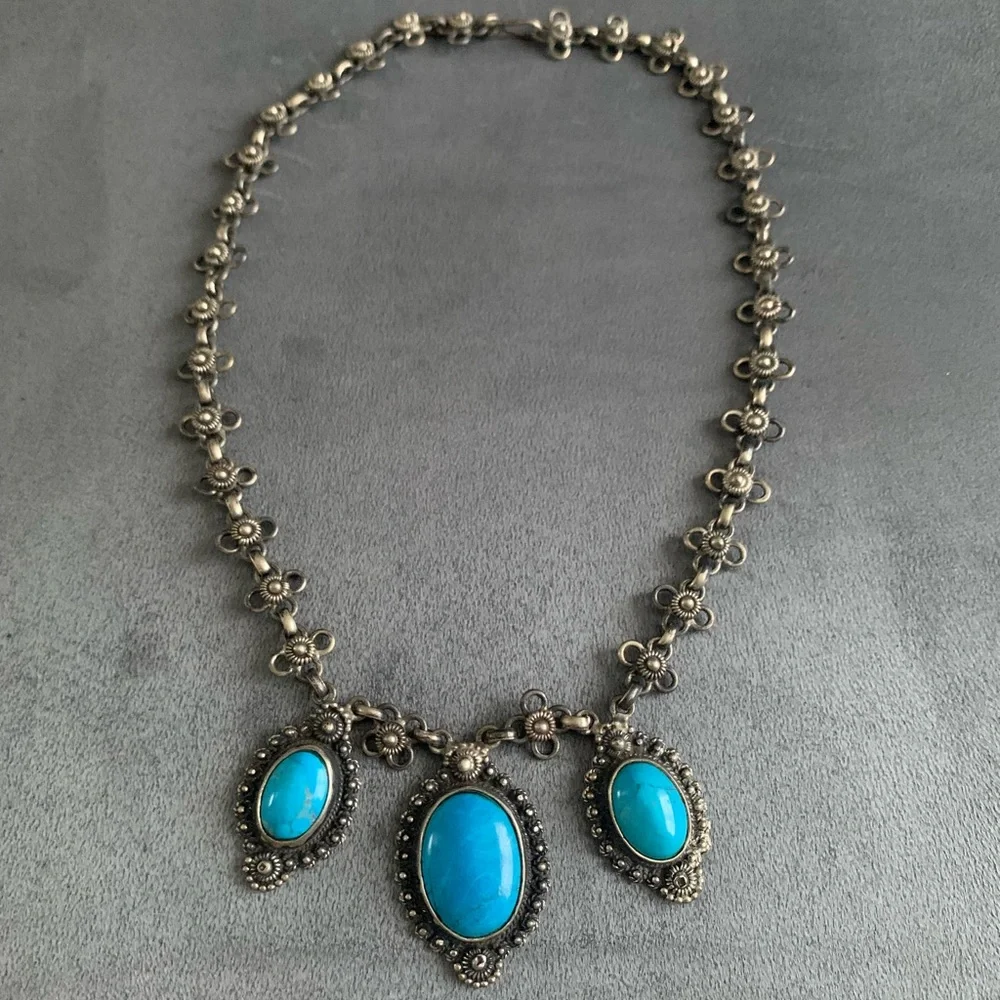 Vintage Rare Egyptian Silver and Turquoise Necklace - Picture 2 of 8